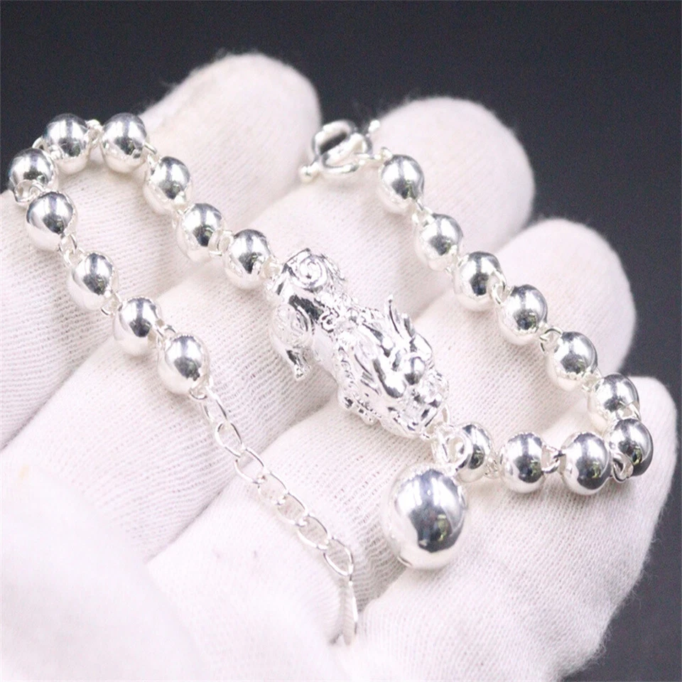 S999 Fine Silver 999 Chain Lucky Pixiu Beads Link Ball Bracelet 12.5g 7.7inch - Image 3 of 4