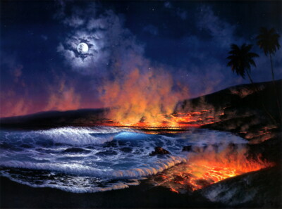 Island volcano eruption scene Art Giclee Printed Oil Painting Print
