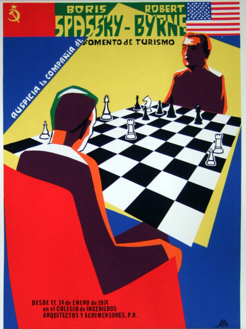 Unique 1974 Chess FIDE Poster signed by Boris Spassky and Robert Byrne in  PR.