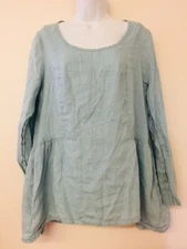 FLAX Linen Light Blue Scoop Neck Pullover Blouse Long Sleeve Size Sml Lagenlook