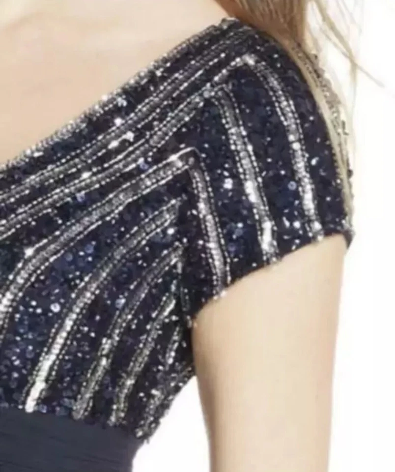 JS COLLECTIONS Navy Silver Beaded Sequin Embellished Chiffon Maxi Empire Gown 2 - Image 2 of 4