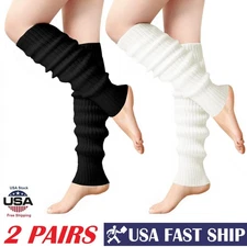 2 Pairs Women Leg Warmers Crochet Knit Ribbed Knee High Solid Winter Boot Sock