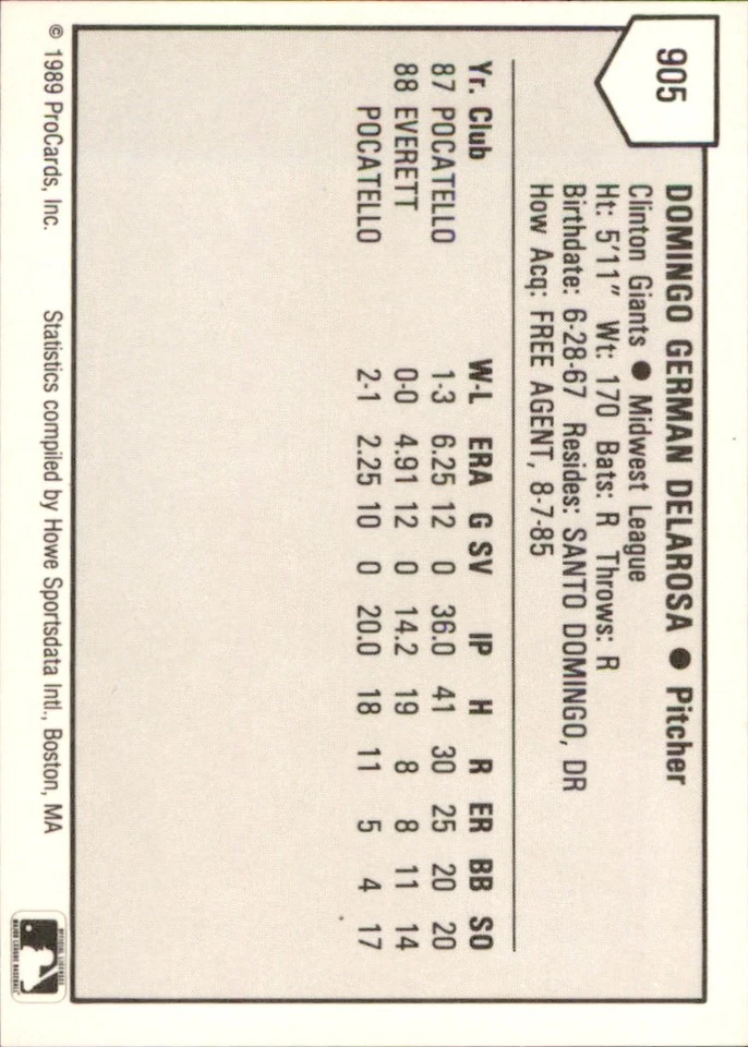 Domingo Delarosa 1989 ProCards Minor League T/S #905 RC Clinton Giants ** - Image 2 of 2