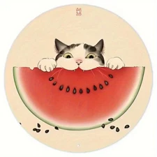 Playful Cat & Watermelon Slice Round Aluminum Wall Art - Vibrant 2D Flat Painti