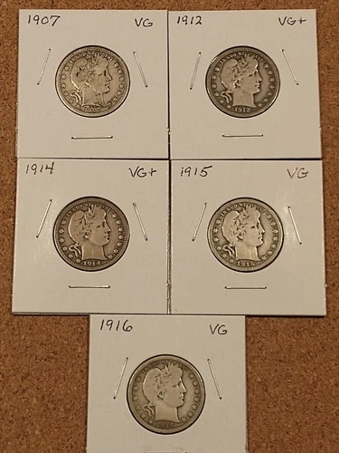 1907, 1912, 1914, 1915 & 1916 Barber Quarters, VG/VG+