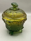 Vintage Jeannette Glass Green Gold Grapevine 4 Footed Candy Dish With Lid