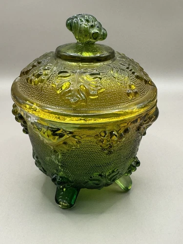 Vintage Jeannette Glass Green Gold Grapevine 4 Footed Candy Dish With Lid