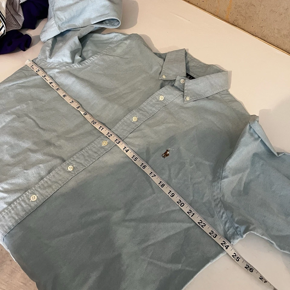 Camisa De Colección Años 90 Ralph Lauren Para Hombres L 16 35 Azul Abotonada Carne Pony Cambray Foto 3 de 4