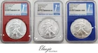 2018-W Burnished American Silver Eagle FDOI Set of Red White and Blue NGC MS 70