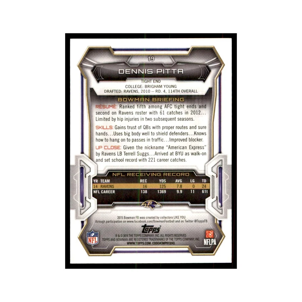 2015 Bowman Dennis Pitta Football Cards #19 - Image 2 of 3