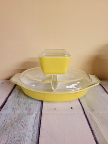 YELLOW PYREX DIVIDED DISH & LID & #501 REFRIGERATOR DISH - Picture 1 of 11