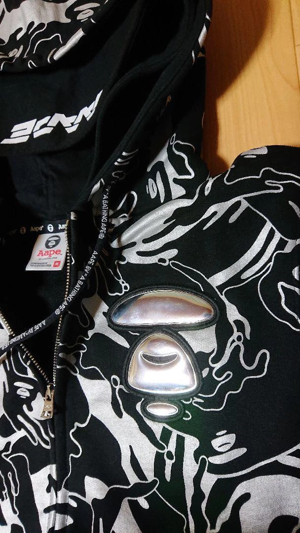 A BATHING APE (BAPE) Felpa con cappuccio BAPE M autentica rara parka mimetico zip nero argento come nuova