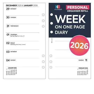NBPLANNER 2026 FILOFAX Personal COMPATIBLE Week on one page diary refill insert
