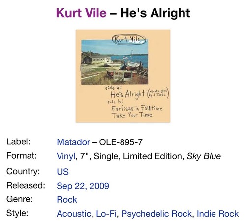 KURT VILE He’s Alright 7” Sky Blue Vinyl Single Matador OLE895-7 2009 Limited - Picture 3 of 4