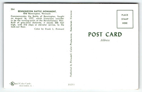 Old Bennington Battle Monument Postcard Vermont VT UNP Col Seth Warner - Picture 2 of 2