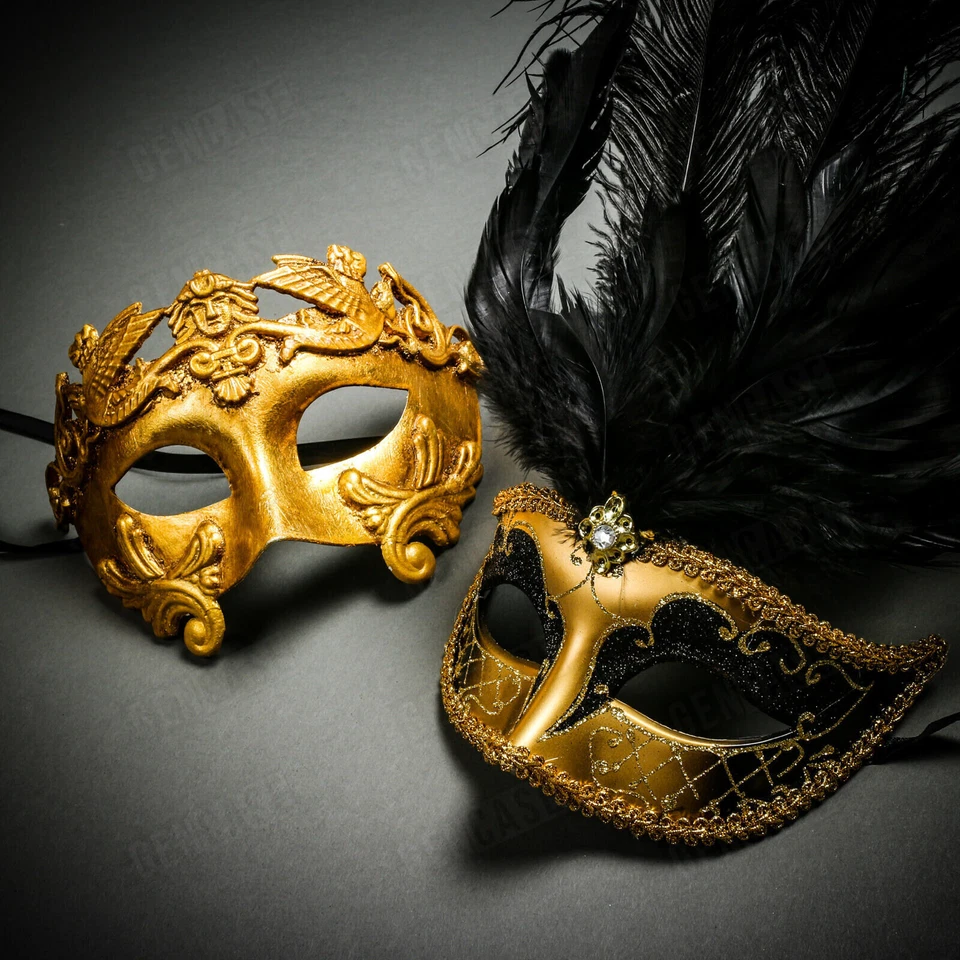 Women White Feather Gold Eye Mask w/ Stick for Venetian Masquerade Ball Party - Image 2 of 2