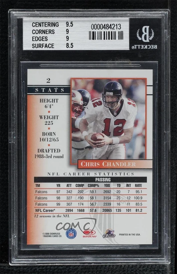 2000 Donruss Preferred QBC Graded Series /1125 Chris Chandler #2 BGS 9 MINT - Image 2 of 2