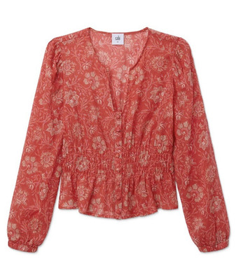 Cabi Women's Red Floral V-Neck Button Long Sleeve Blouse Top, Size M