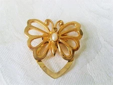 Vintage Gold Tone Butterfly Scarf Ring Clip With Faux Pearl KJ