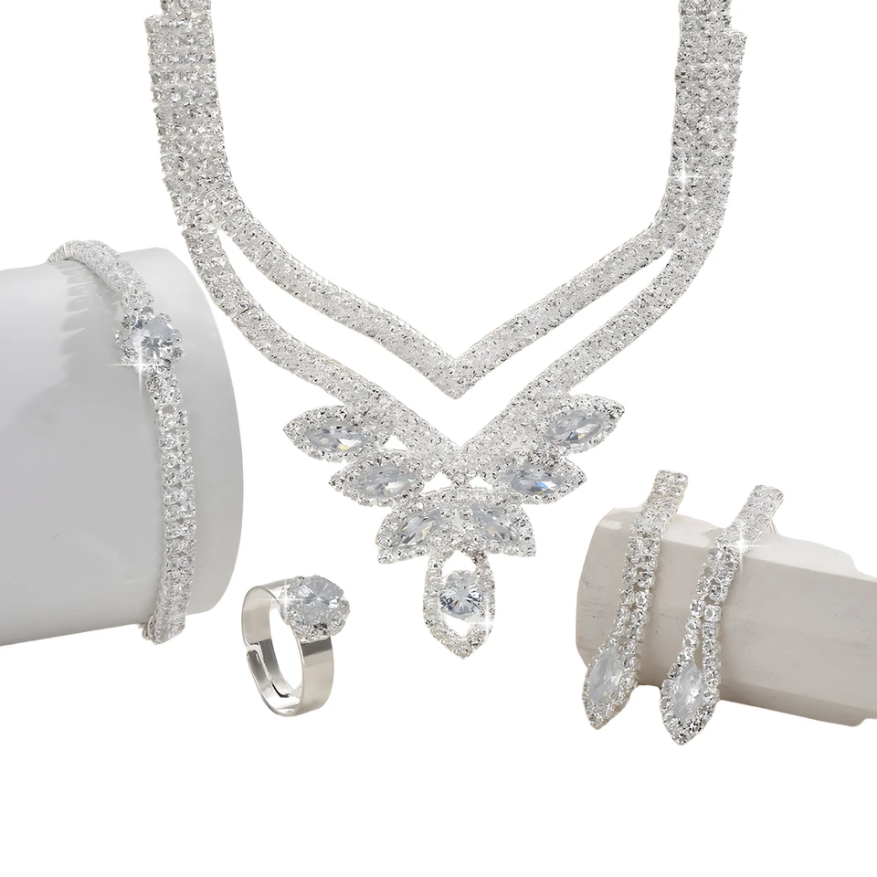 4PC Rhinestone Jewelry Set Women, Silver-Tone Leaf Claw Chain Dangle Earring 635 - Image 3 of 4