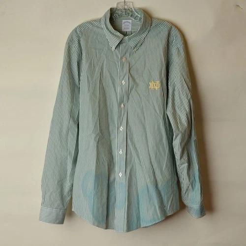 Brooks Brother Notre Dame Logo Green White Stripe Long Sleeve Button Down Mens L