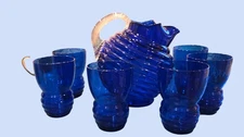 Vintage Imperial Glass Blue Cobalt Ribbed Tilted Pitcher With 6 Glasses 
