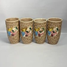 4 - Hand Painted Ceramic Juice Glasses Basket Weave Fruit Cottagecore Vtg Japan