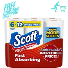 Scott Paper Towels, Choose-A-Sheet, 6 Double Rolls = 12 Regular Rolls -108 Sheet