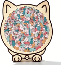 135 Pcs Cat Shaped Wooden Jigsaw Puzzle with Frame Acrylic Cover, Macaron Colo