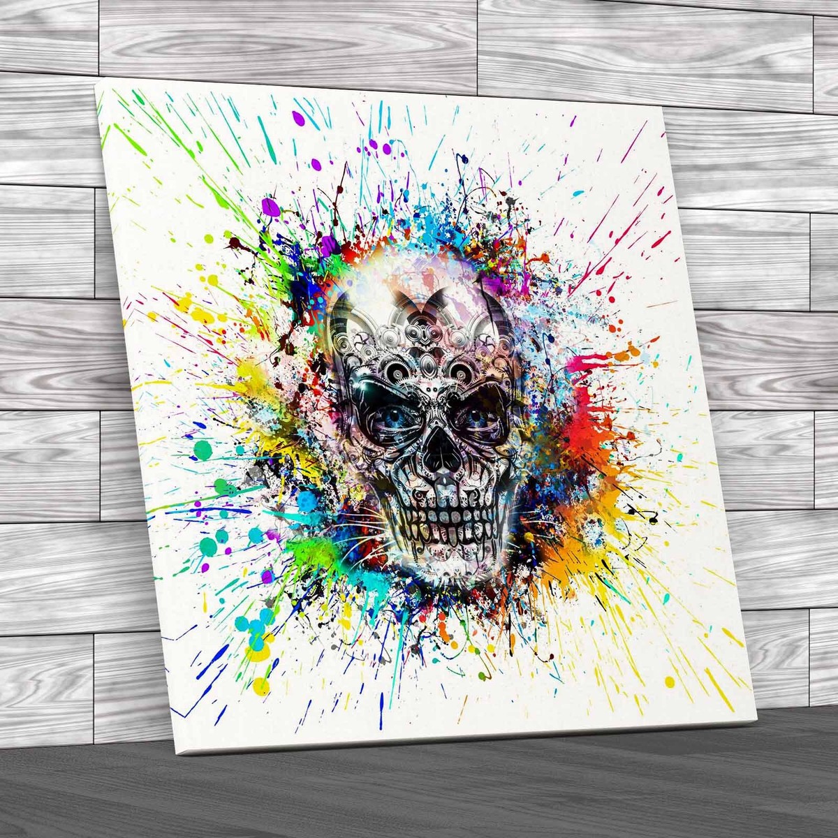 Skulla Colourful Skull Splat Square Canvas Print Large