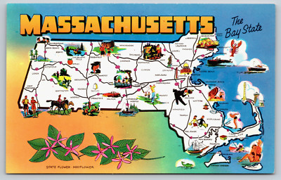 Postcard, Massachusetts The Bay State, Map, Tourism, Roads
