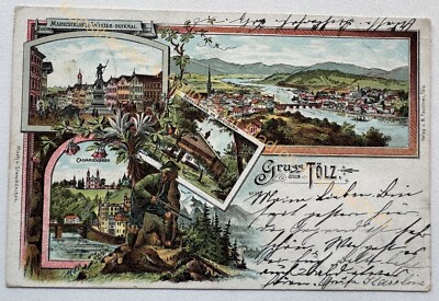 Postcard greeting from Bad Tölz 1898 litho Hunter