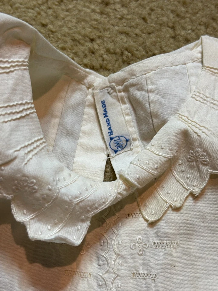 Vintage 40s Handmade Baby Christening Baptismal Romper White Cotton Embroidery - Image 4 of 4