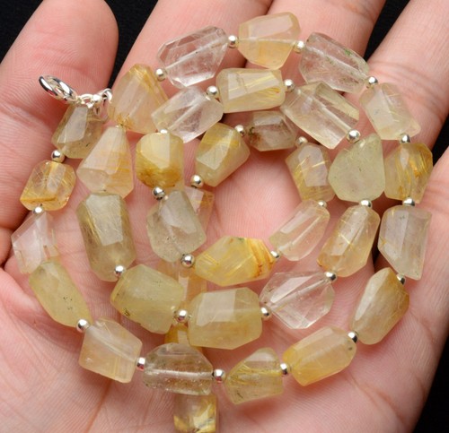 Natural Gem Golden Rutile Quartz 10 to 14 mm Faceted Nugget Beads Necklace 19" - Picture 9 of 9