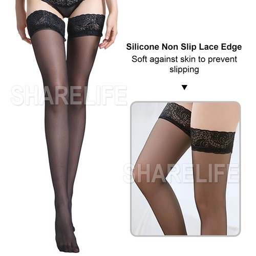 2Pair Women Sheer Lace Top Non-slip Thigh High Stockings Hold-up Pull up Stay up - Picture 3 of 9