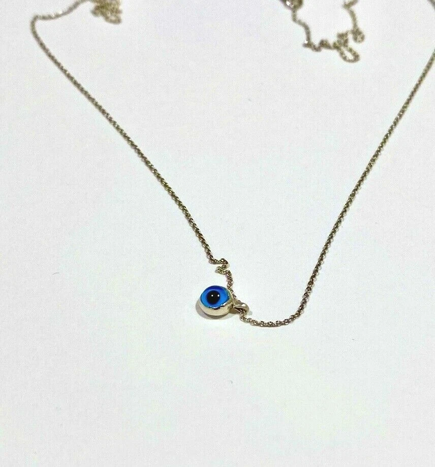Colgante Mal de Ojo Oro Blanco Sólido 14k Mataki Mati Azul 16 pulgadas Cadena Grecia Foto 4 de 4