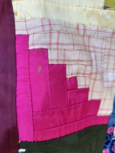 Antique Log Cabin In Rows Quilt Hand Pieced Hand Tied 1930s 40s Silk Rayon - Picture 9 of 14