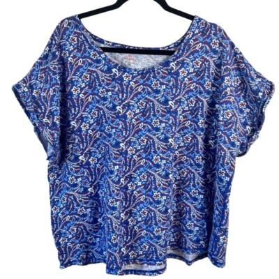 T by Talbots Paisley Floral Performance Top Size 3X Plus Blue Red Holiday