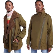 NWOT ANTHROPOLOGIE Jacket XS Joni Sherpa Lined Aviator Moss Green Oversized Moto