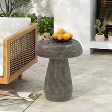 Rustic Gray Mushroom Side Table Outdoor Indoor MGO Wood Grain Accent Stool 20"