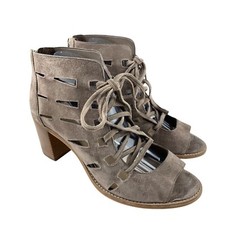 Vince Camuto Tressa 9W Taupe Suede Lace‑Up Cutout Booties Open Toe Block Heel