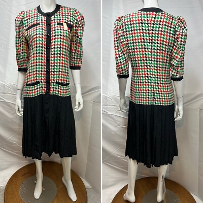 RENZO Vintage 80s Women's 38 EU Red Green Houndstooth Silk Pleated Skirt Dress