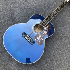 Blue 43 Inch Solid Spruce Acoustic Guitar Abalone Inlays Flame Maple Jumbo Body