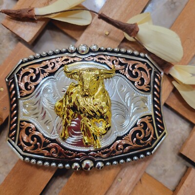 Running bull Western  belt buckle silver and rose tone zinc alloy 