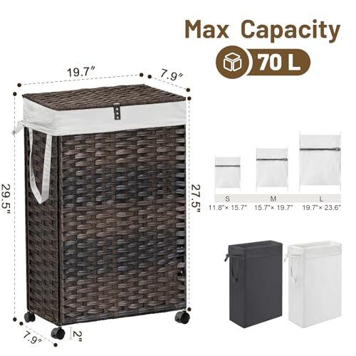 70L Slim Laundry Hamper with Lid & Wheels, 2-Park Rolling Laundry Basket with - Picture 5 of 8