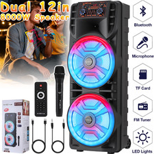 New Portable Dual 12" Bluetooth PA Speaker System with Karaoke Mic Heavy Bass FM
