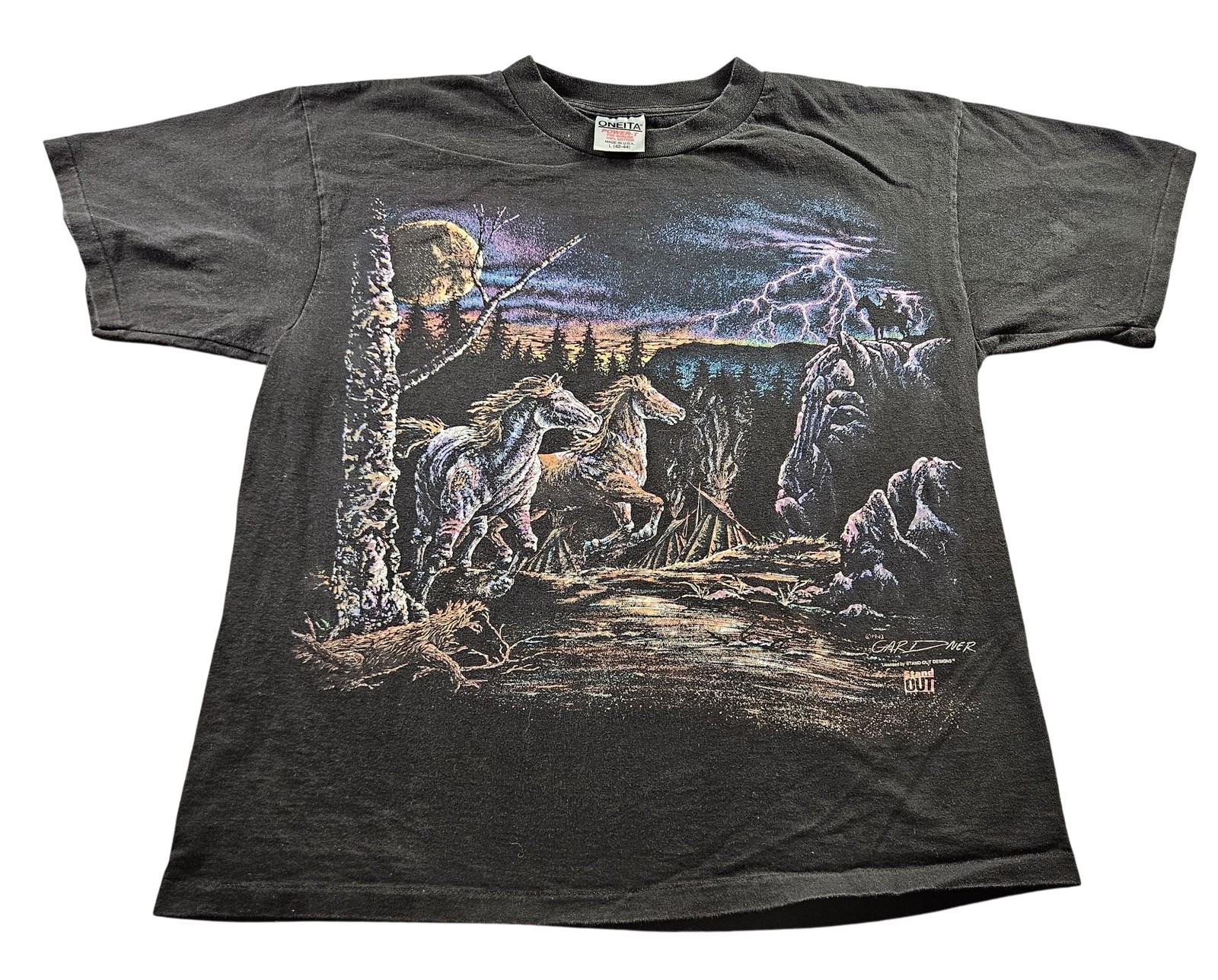 Vintage Stand Out Horses Shirt Mens Large Black Graphic Tee Lightning Nature 90s