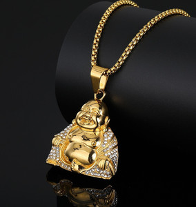 Authentic Mens Buddhist Amulet 14K Gold Plated Laughing Buddha Pendant Necklace Jewelry