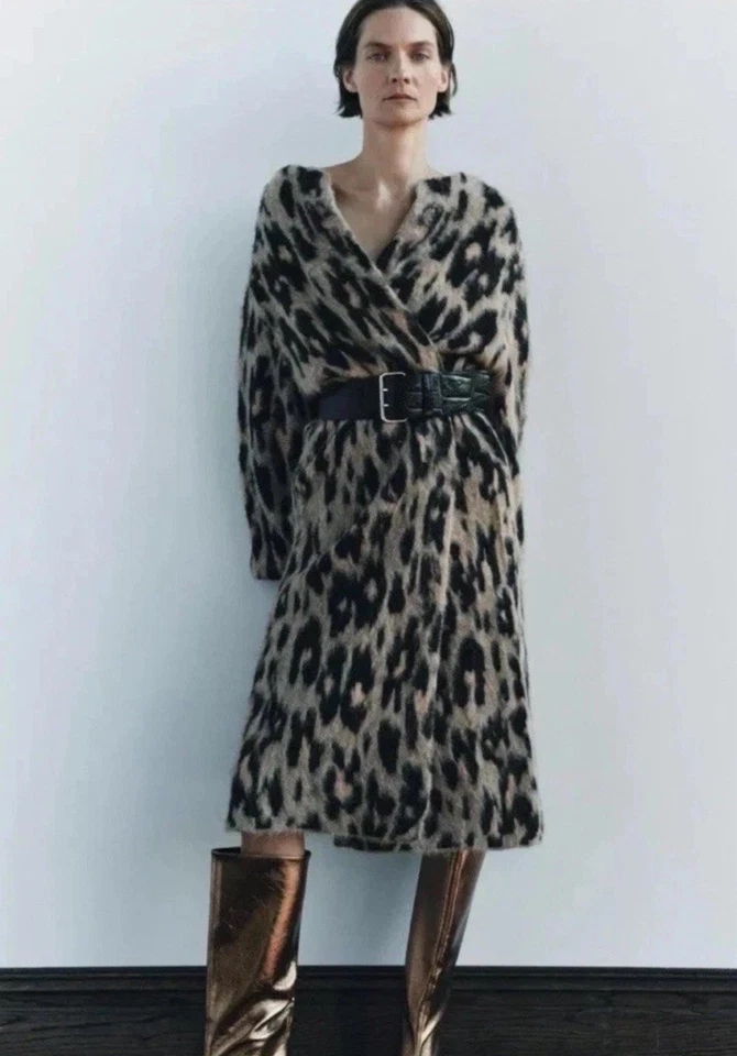 Zara Animal Jacquard Knit Long Coat Leopard Brown Black Size S 2142/183 New - Image 2 of 4