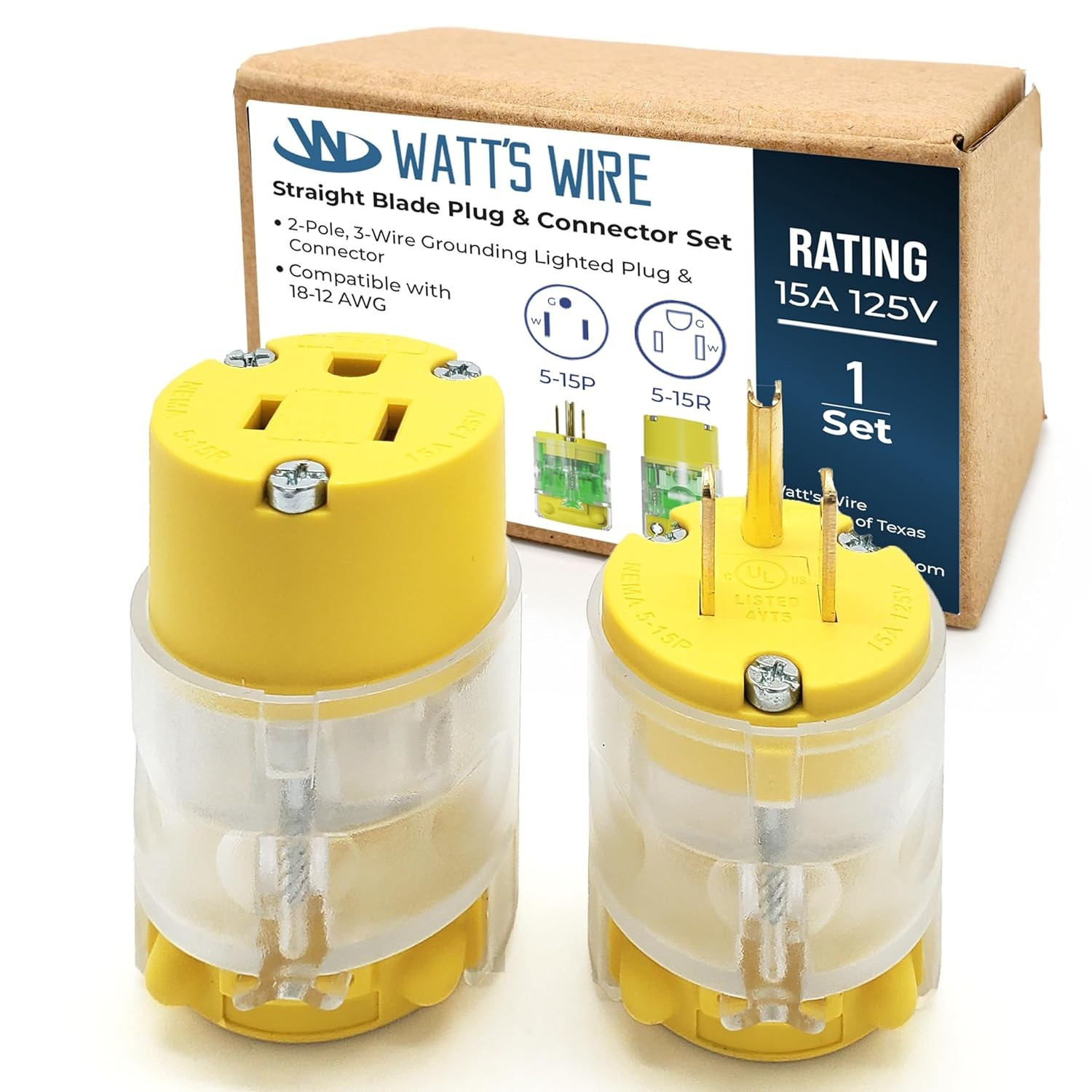 Extension Cord Ends Male and Female 1 Set, 15 Amp 125 Volt NEMA 5-15 Yellow